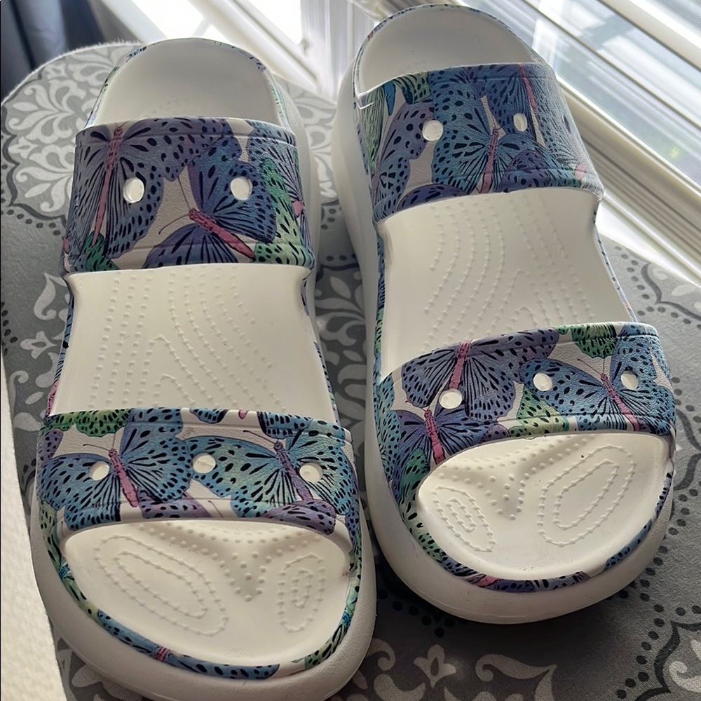 CROCS Women's Platform Sandals - Blue and Green Butterfly